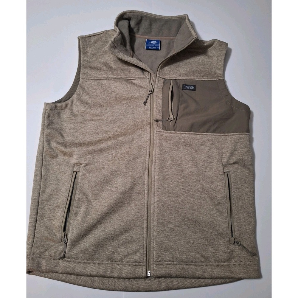 AFTCO AFTECH Mens Medium Tan Full Zip Fleece Fishing Vest M Zip Pockets Sport